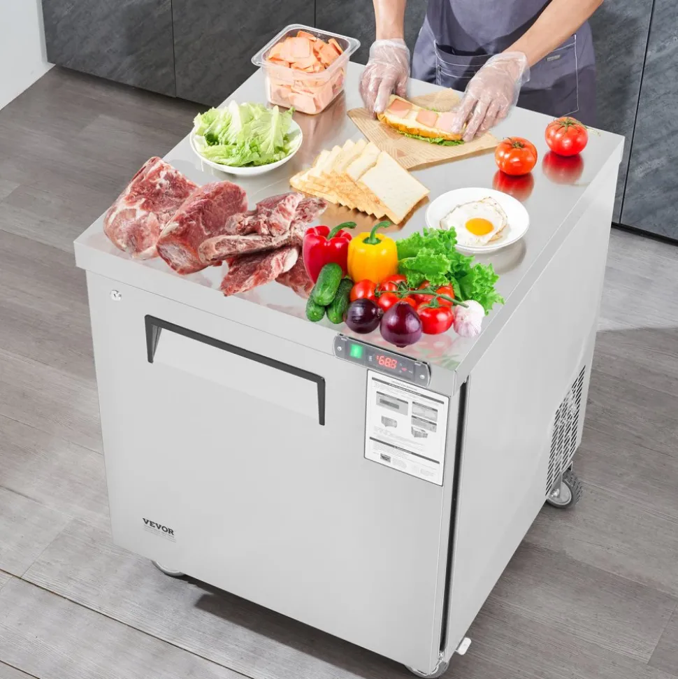 VEVOR 28" Commercial Frozen Refrigerator Sandwich & Salad Prep Table, 7.4 Cu. Ft Stainless Steel Refrigerated Food Prep Station with 1 Door, Frost Free Refrigerator with Lock for Restaurant, Bar
