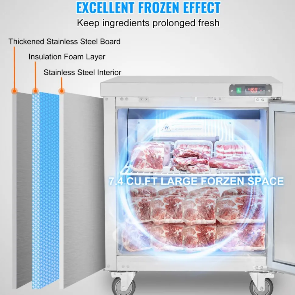 VEVOR 28" Commercial Frozen Refrigerator Sandwich & Salad Prep Table, 7.4 Cu. Ft Stainless Steel Refrigerated Food Prep Station with 1 Door, Frost Free Refrigerator with Lock for Restaurant, Bar