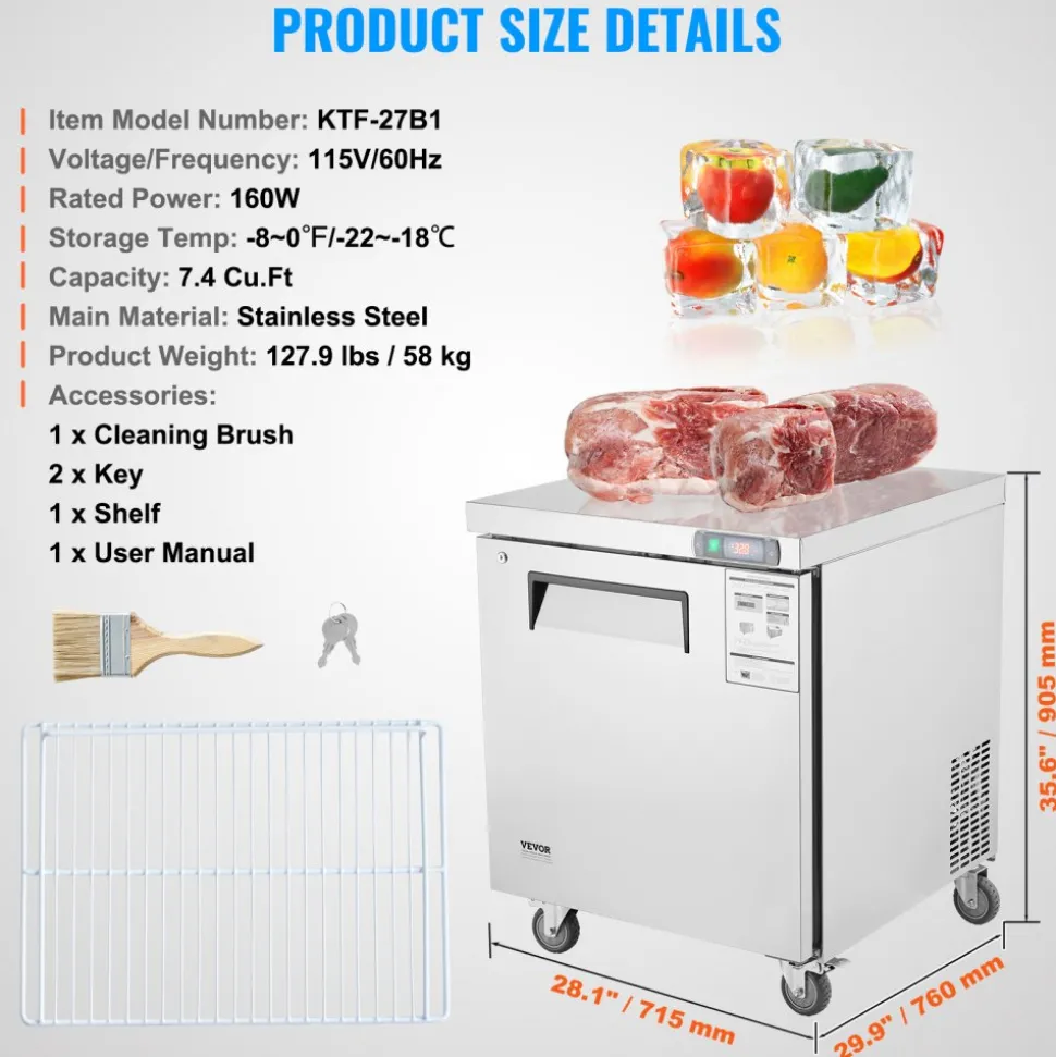 VEVOR 28" Commercial Frozen Refrigerator Sandwich & Salad Prep Table, 7.4 Cu. Ft Stainless Steel Refrigerated Food Prep Station with 1 Door, Frost Free Refrigerator with Lock for Restaurant, Bar