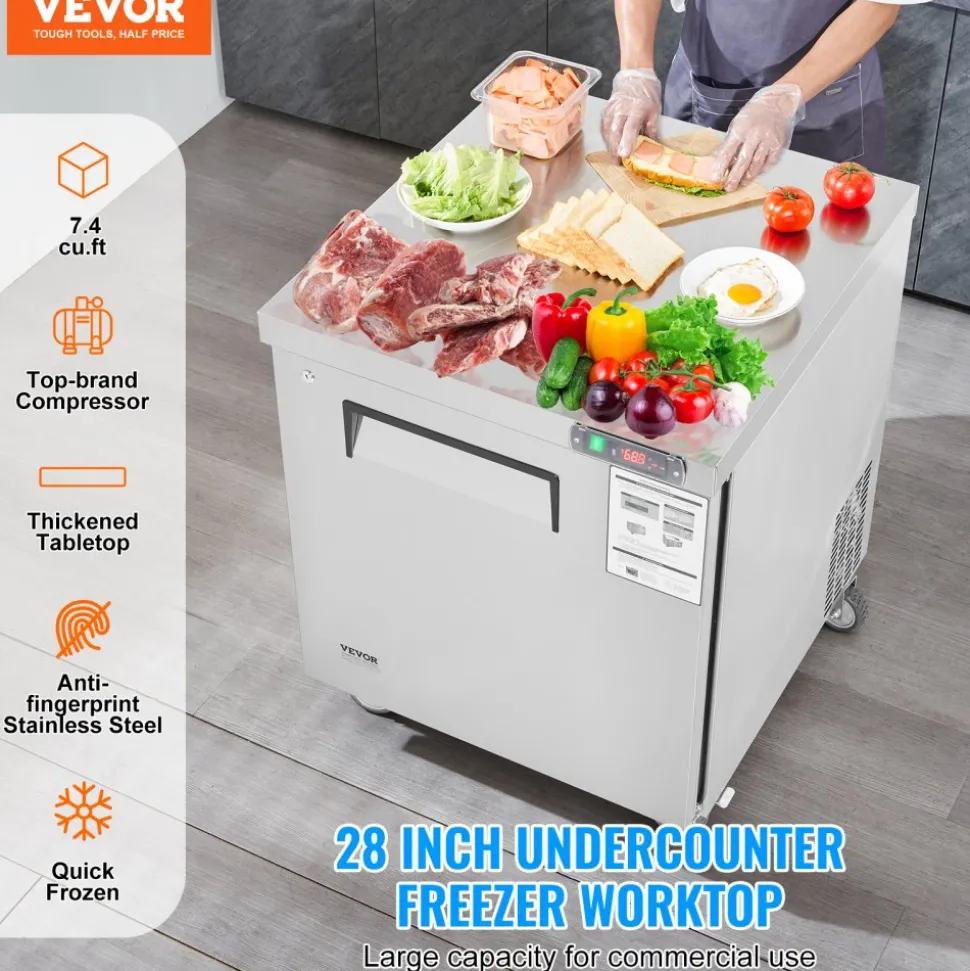 VEVOR 28" Commercial Frozen Refrigerator Sandwich & Salad Prep Table, 7.4 Cu. Ft Stainless Steel Refrigerated Food Prep Station with 1 Door, Frost Free Refrigerator with Lock for Restaurant, Bar
