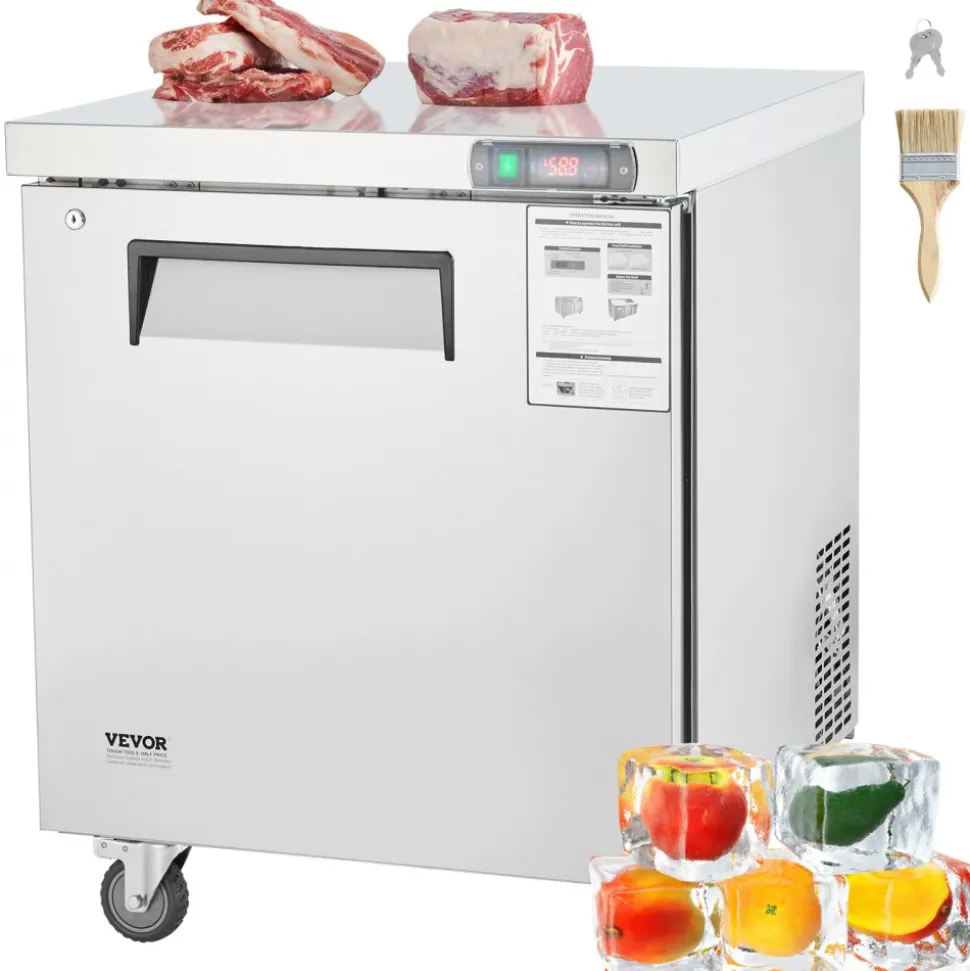VEVOR 28" Commercial Frozen Refrigerator Sandwich & Salad Prep Table, 7.4 Cu. Ft Stainless Steel Refrigerated Food Prep Station with 1 Door, Frost Free Refrigerator with Lock for Restaurant, Bar