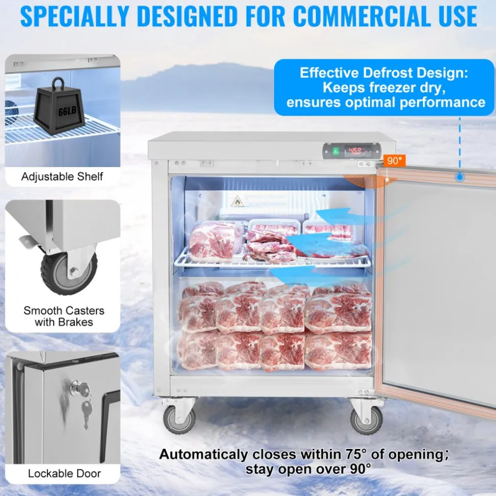 VEVOR 28" Commercial Frozen Refrigerator Sandwich & Salad Prep Table, 7.4 Cu. Ft Stainless Steel Refrigerated Food Prep Station with 1 Door, Frost Free Refrigerator with Lock for Restaurant, Bar