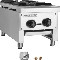 VEVOR Commercial Gas Stove with 2 Burners, Propane and Natural Gas Countertop Cooking Stove Range, Stainless Steel Gas Hot Plate, Commercial Cooking Equipment for Restaurant, 180,000 BTU