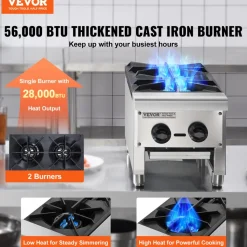 VEVOR Commercial Gas Stove with 2 Burners, Propane and Natural Gas Countertop Cooking Stove Range, Stainless Steel Gas Hot Plate, Commercial Cooking Equipment for Restaurant, 180,000 BTU