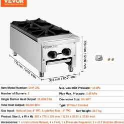 VEVOR Commercial Gas Stove with 2 Burners, Propane and Natural Gas Countertop Cooking Stove Range, Stainless Steel Gas Hot Plate, Commercial Cooking Equipment for Restaurant, 180,000 BTU