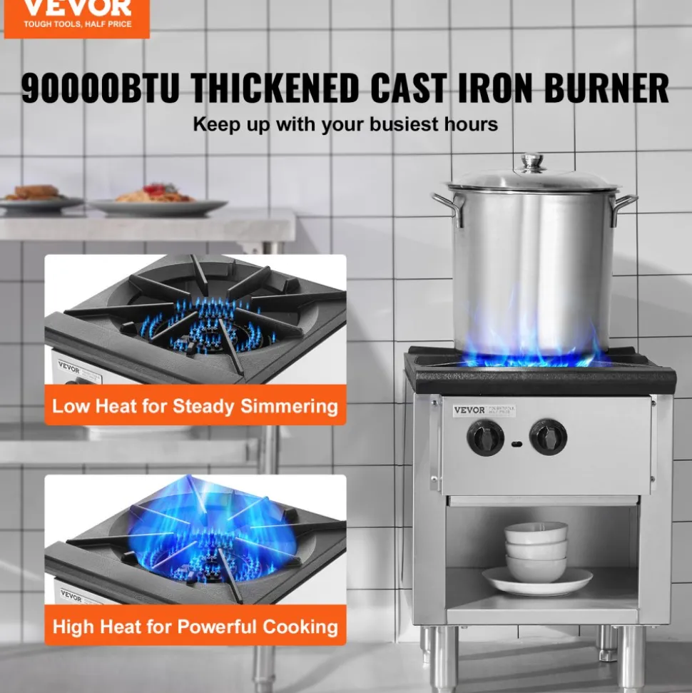 VEVOR Commercial Gas Stove with 4 Burners, Propane and Natural Gas Countertop Cooking Stove Range, Stainless Steel Gas Hot Plate, Commercial Cooking Equipment for Restaurant, 112,000 BTU