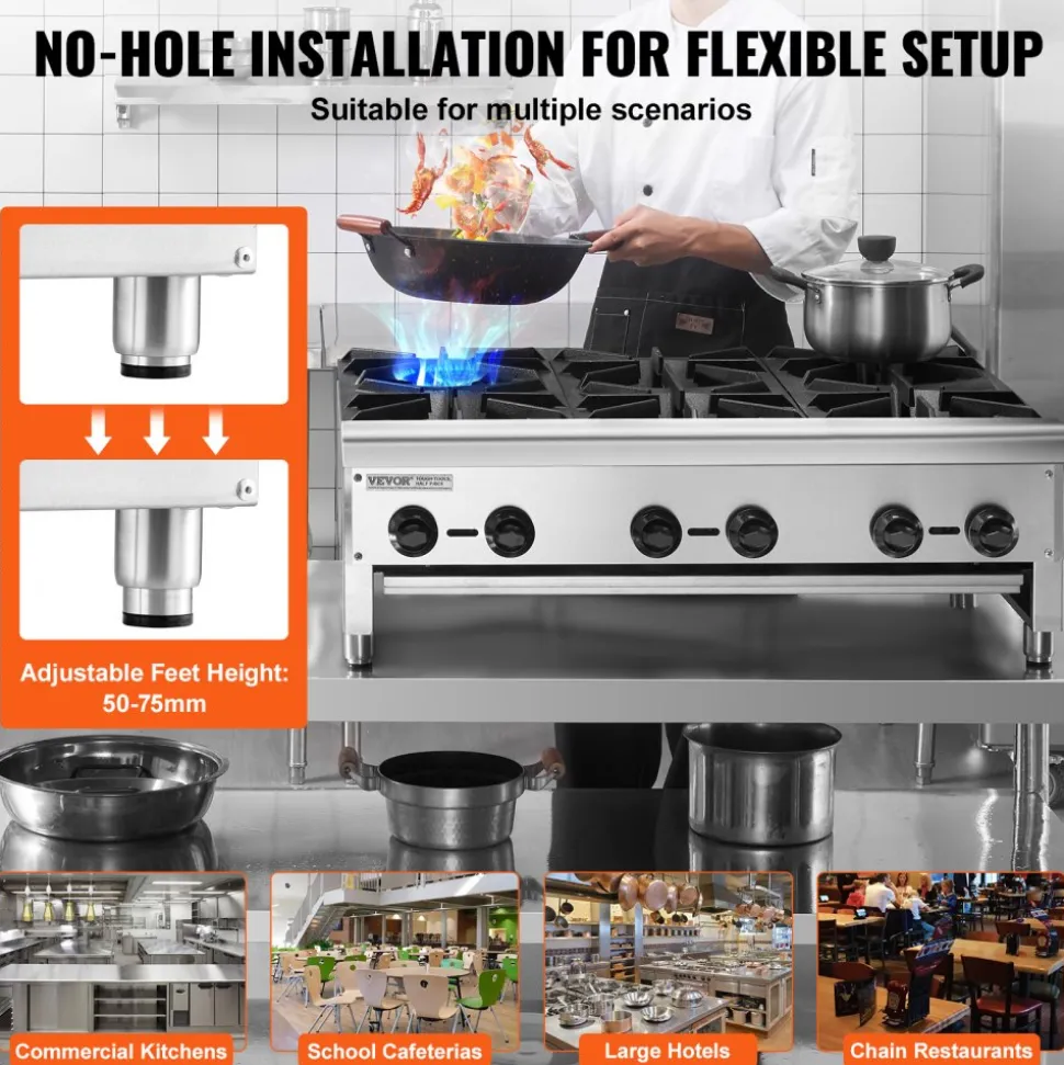 VEVOR Commercial Gas Stove with 6 Burners, Propane and Natural Gas Countertop Cooking Stove Range, Stainless Steel Gas Hot Plate, Commercial Cooking Equipment for Restaurant, 168,000 BTU