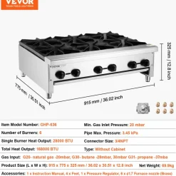VEVOR Commercial Gas Stove with 6 Burners, Propane and Natural Gas Countertop Cooking Stove Range, Stainless Steel Gas Hot Plate, Commercial Cooking Equipment for Restaurant, 168,000 BTU