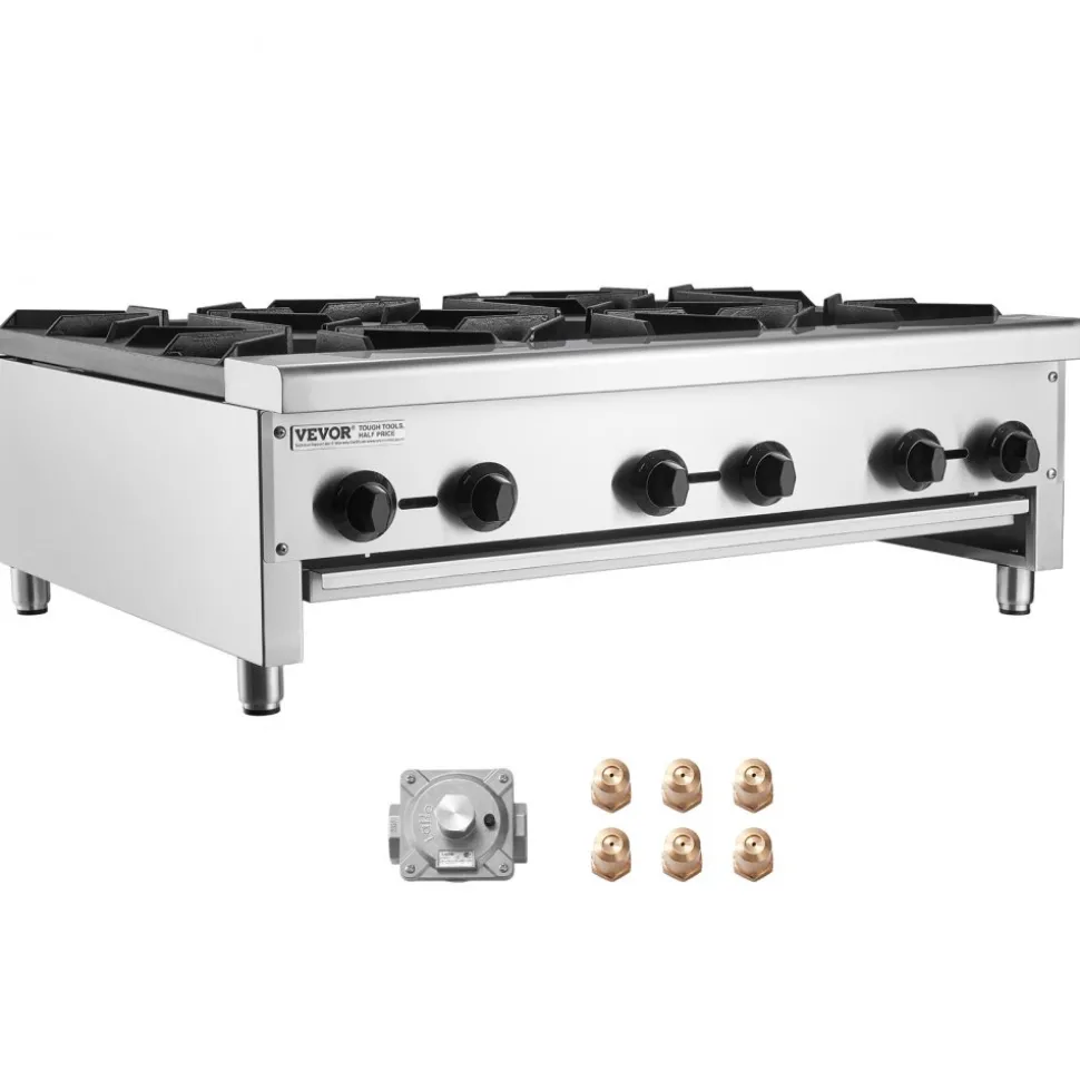VEVOR Commercial Gas Stove with 6 Burners, Propane and Natural Gas Countertop Cooking Stove Range, Stainless Steel Gas Hot Plate, Commercial Cooking Equipment for Restaurant, 168,000 BTU