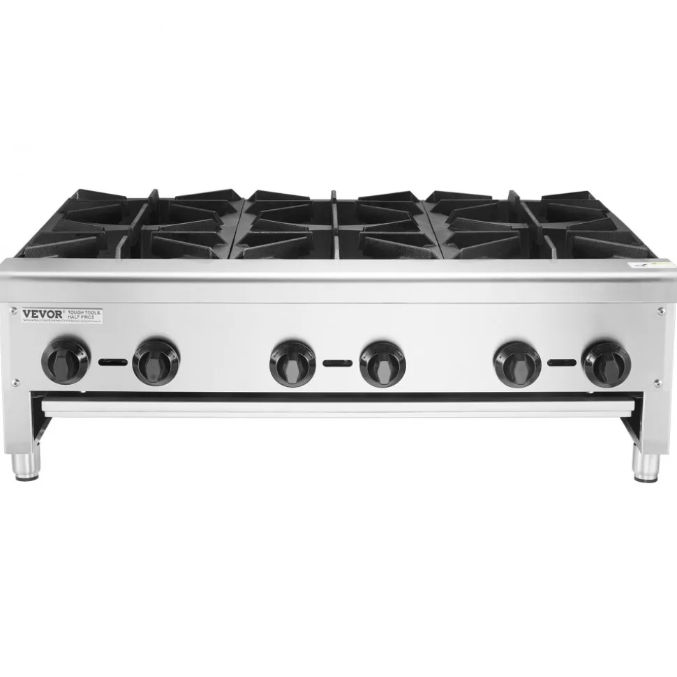 VEVOR Commercial Gas Stove with 6 Burners, Propane and Natural Gas Countertop Cooking Stove Range, Stainless Steel Gas Hot Plate, Commercial Cooking Equipment for Restaurant, 168,000 BTU