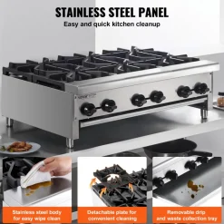 VEVOR Commercial Gas Stove with 6 Burners, Propane and Natural Gas Countertop Cooking Stove Range, Stainless Steel Gas Hot Plate, Commercial Cooking Equipment for Restaurant, 168,000 BTU