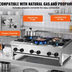 VEVOR Commercial Gas Stove with 6 Burners, Propane and Natural Gas Countertop Cooking Stove Range, Stainless Steel Gas Hot Plate, Commercial Cooking Equipment for Restaurant, 168,000 BTU