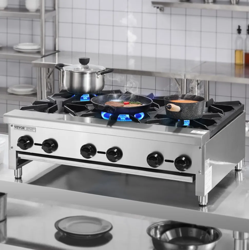 VEVOR Commercial Gas Stove with 6 Burners, Propane and Natural Gas Countertop Cooking Stove Range, Stainless Steel Gas Hot Plate, Commercial Cooking Equipment for Restaurant, 168,000 BTU