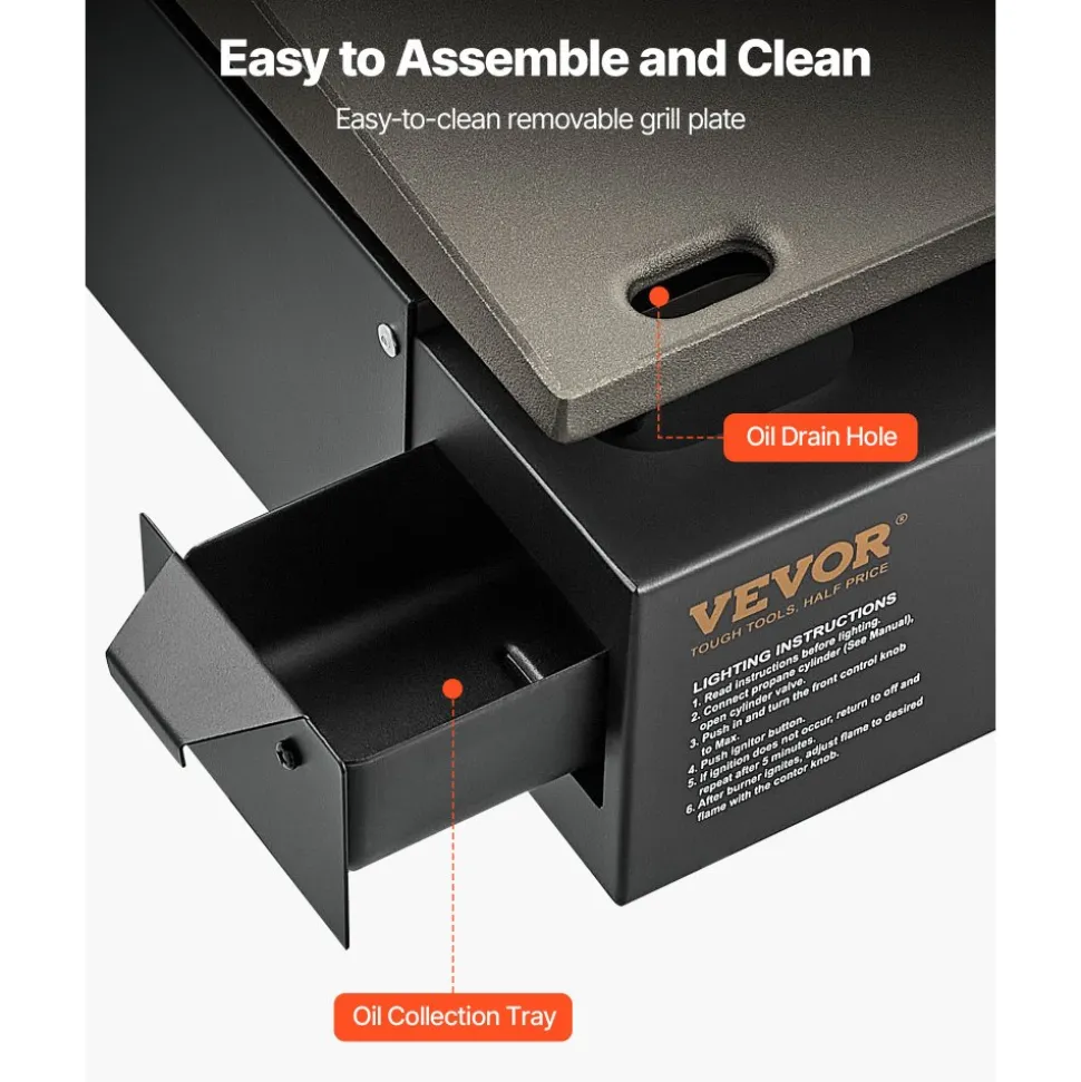 VEVOR Commercial Griddle, 16.9" Heavy Duty Manual Flat Top Griddle, Countertop Gas Grill with Non-Stick Cooking Plate, Steel Natural Gas Griddle, 2-Burners Restaurant Portable Grill - 22,000 BTU