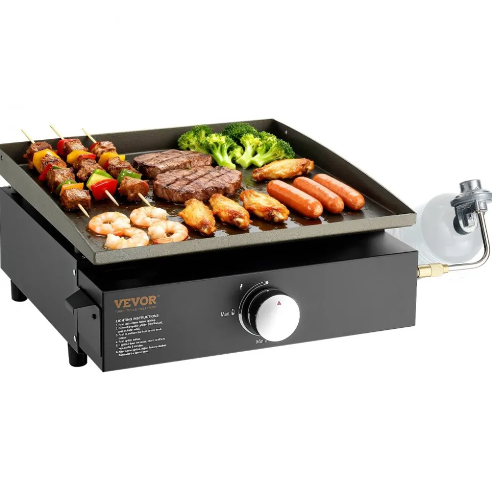 VEVOR Commercial Griddle, 16.9" Heavy Duty Manual Flat Top Griddle, Countertop Gas Grill with Non-Stick Cooking Plate, Steel Natural Gas Griddle, 2-Burners Restaurant Portable Grill - 22,000 BTU