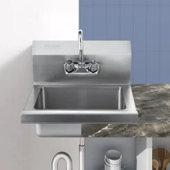 VEVOR Commercial Hand Sink with Faucet and Side Splash, Stainless Steel Sink for Washing, Small Hand Washing Sink, Wall Mount Hand Basin for Restaurant, Kitchen, Bar, Garage and Home, 17x12.8 inch