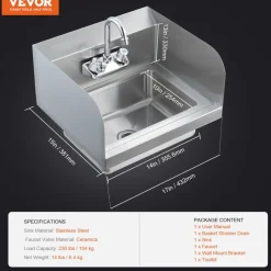 VEVOR Commercial Hand Sink with Faucet and Side Splash, Stainless Steel Sink for Washing, Small Hand Washing Sink, Wall Mount Hand Basin for Restaurant, Kitchen, Bar, Garage and Home, 17x12.8 inch