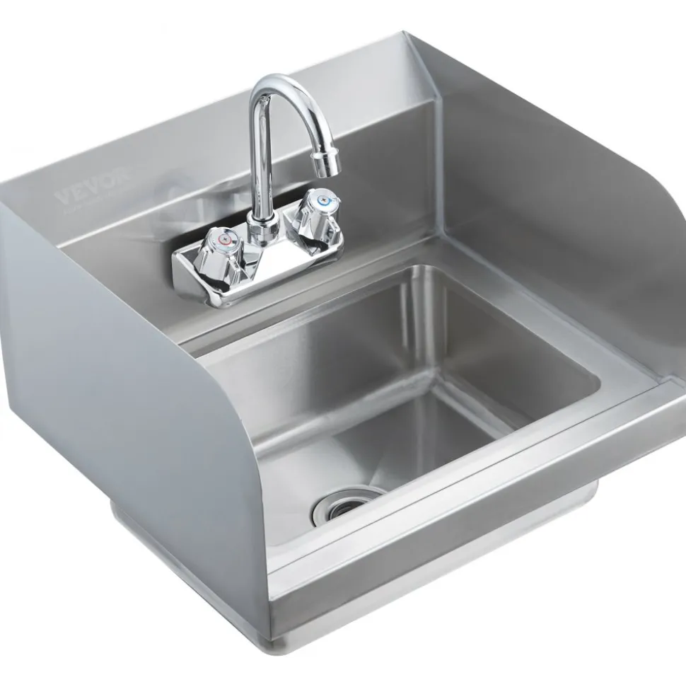 VEVOR Commercial Hand Sink with Faucet and Side Splash, Stainless Steel Sink for Washing, Small Hand Washing Sink, Wall Mount Hand Basin for Restaurant, Kitchen, Bar, Garage and Home, 17x12.8 inch