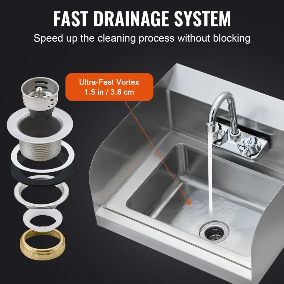 VEVOR Commercial Hand Sink with Faucet and Side Splash, Stainless Steel Sink for Washing, Small Hand Washing Sink, Wall Mount Hand Basin for Restaurant, Kitchen, Bar, Garage and Home, 17x12.8 inch
