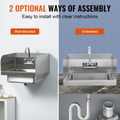 VEVOR Commercial Hand Sink with Faucet and Side Splash, Stainless Steel Sink for Washing, Small Hand Washing Sink, Wall Mount Hand Basin for Restaurant, Kitchen, Bar, Garage and Home, 17x12.8 inch