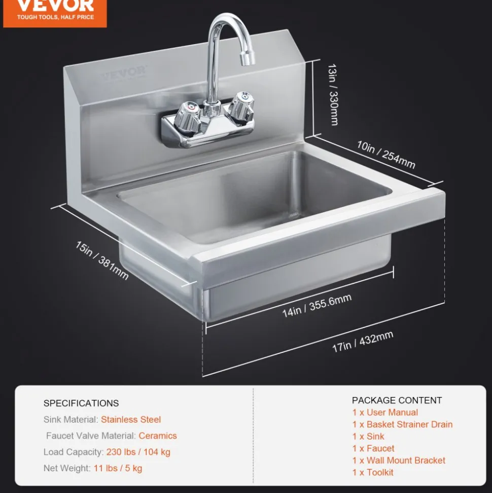 VEVOR Commercial Hand Sink with Faucet, Stainless Steel Sink for Washing, Small Hand Washing Sink, Wall Mount Hand Basin, Utility Sink for Restaurant, Kitchen, Bar, Garage and Home, 17 x 12.8 inch