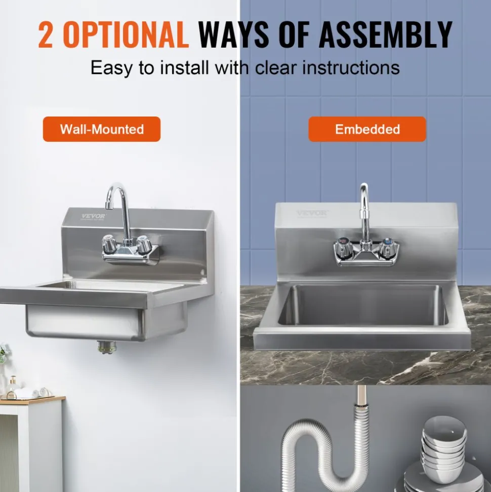 VEVOR Commercial Hand Sink with Faucet, Stainless Steel Sink for Washing, Small Hand Washing Sink, Wall Mount Hand Basin, Utility Sink for Restaurant, Kitchen, Bar, Garage and Home, 17 x 12.8 inch