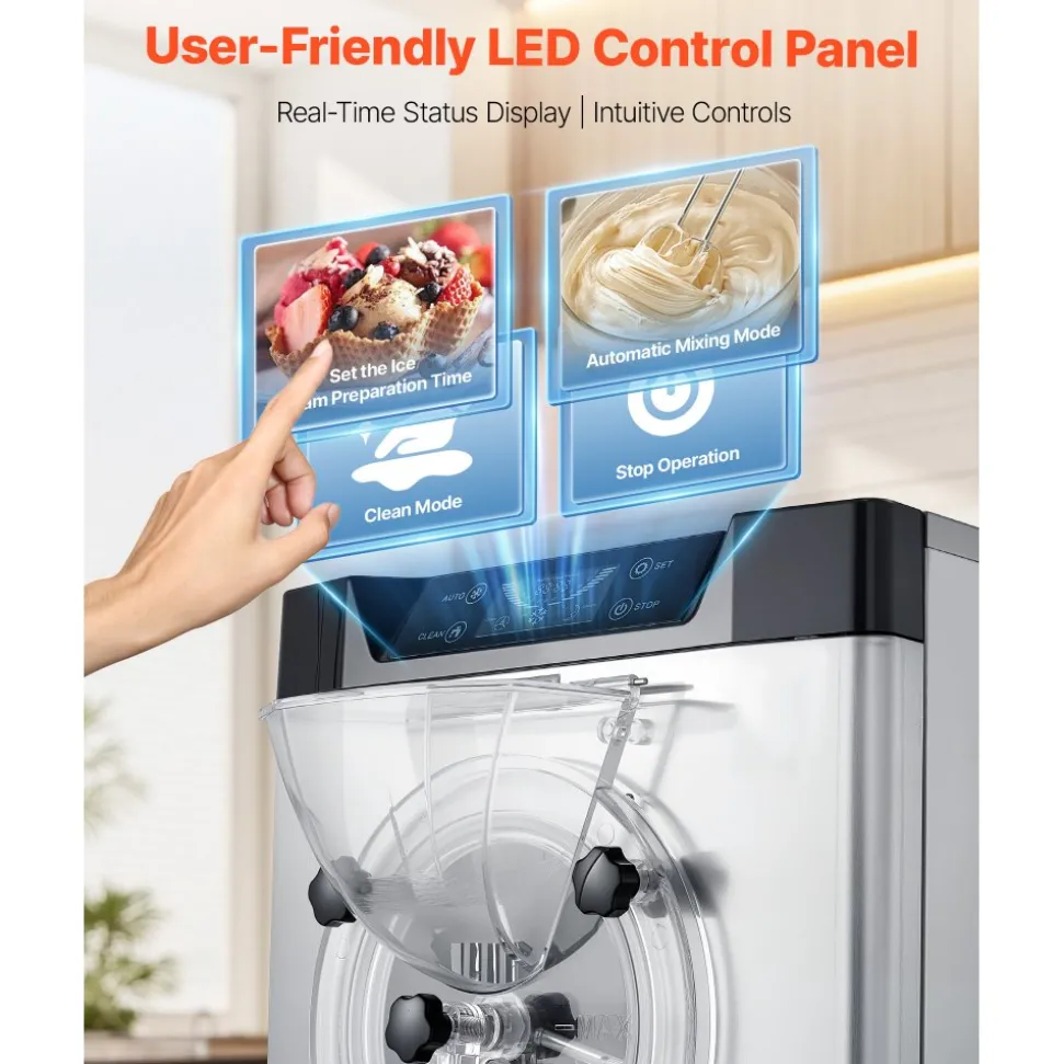 VEVOR Commercial Hard Ice Cream Machine, 2400W 3.17 to 5.28 Gallons per Hour, Gelato Hard Serve Ice Cream Maker with 10L 304 Stainless Steel Cylinder, Auto Clean LED Panel for Snack Bar Restaurants