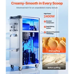 VEVOR Commercial Hard Ice Cream Machine, 2400W 3.17 to 5.28 Gallons per Hour, Gelato Hard Serve Ice Cream Maker with 10L 304 Stainless Steel Cylinder, Auto Clean LED Panel for Snack Bar Restaurants