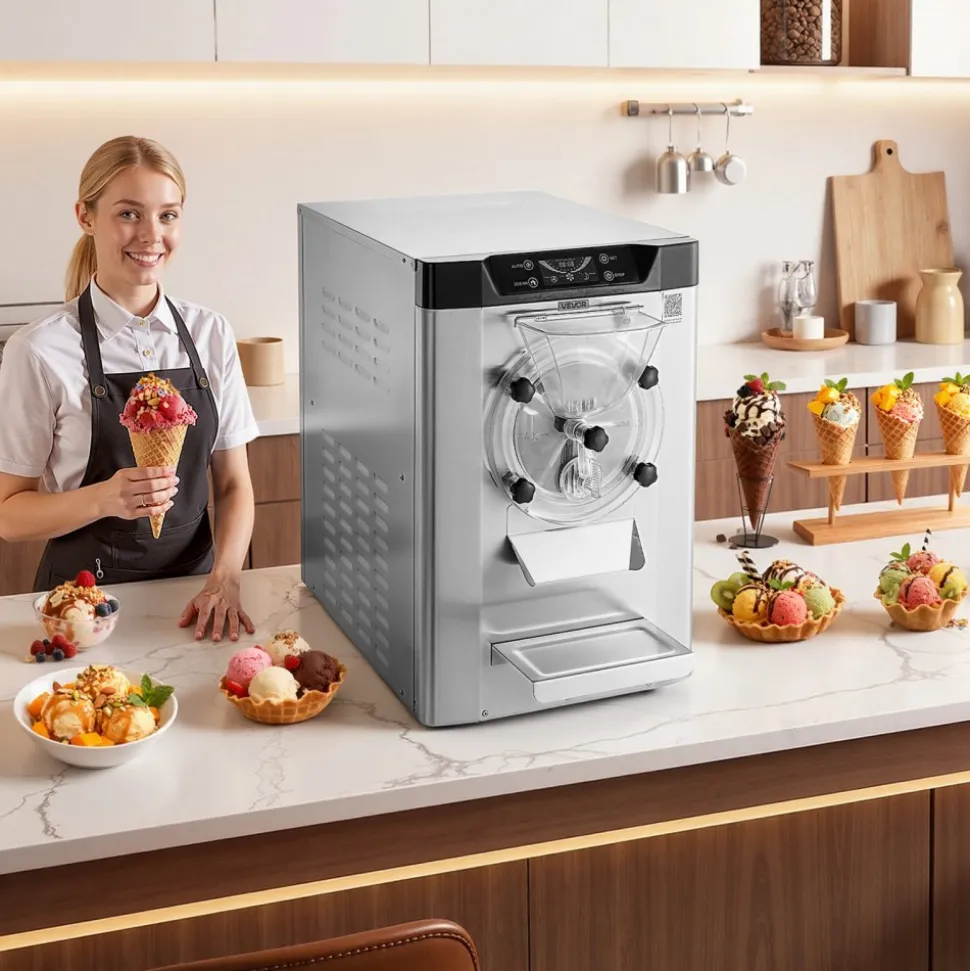 VEVOR Commercial Hard Ice Cream Machine, 2000W 3.17-5.28 Gal/Hour, Countertop Gelato Hard Serve Ice Cream Maker with 6L 304 Stainless Steel Cylinder, Auto Clean LED Panel for Snack Bar Restaurants