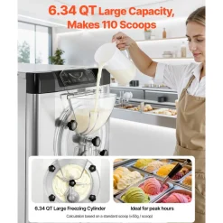 VEVOR Commercial Hard Ice Cream Machine, 2000W 3.17-5.28 Gal/Hour, Countertop Gelato Hard Serve Ice Cream Maker with 6L 304 Stainless Steel Cylinder, Auto Clean LED Panel for Snack Bar Restaurants