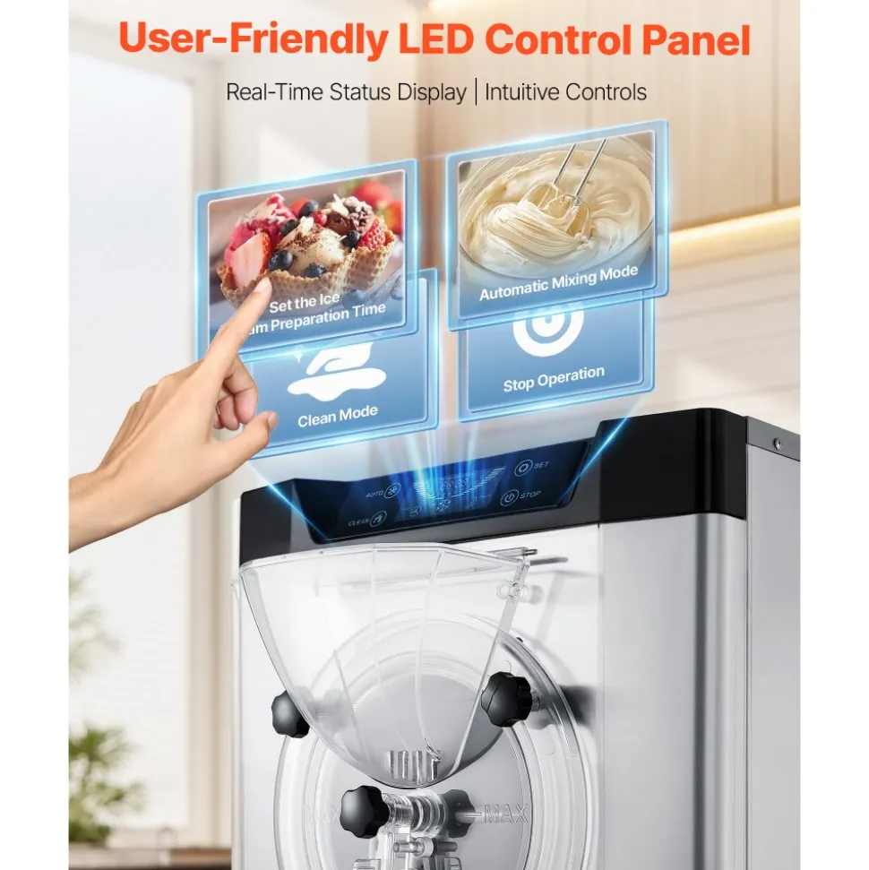 VEVOR Commercial Hard Ice Cream Machine, 2000W 3.17-5.28 Gal/Hour, Countertop Gelato Hard Serve Ice Cream Maker with 6L 304 Stainless Steel Cylinder, Auto Clean LED Panel for Snack Bar Restaurants