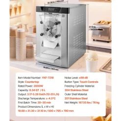 VEVOR Commercial Hard Ice Cream Machine, 2000W 3.17-5.28 Gal/Hour, Countertop Gelato Hard Serve Ice Cream Maker with 6L 304 Stainless Steel Cylinder, Auto Clean LED Panel for Snack Bar Restaurants