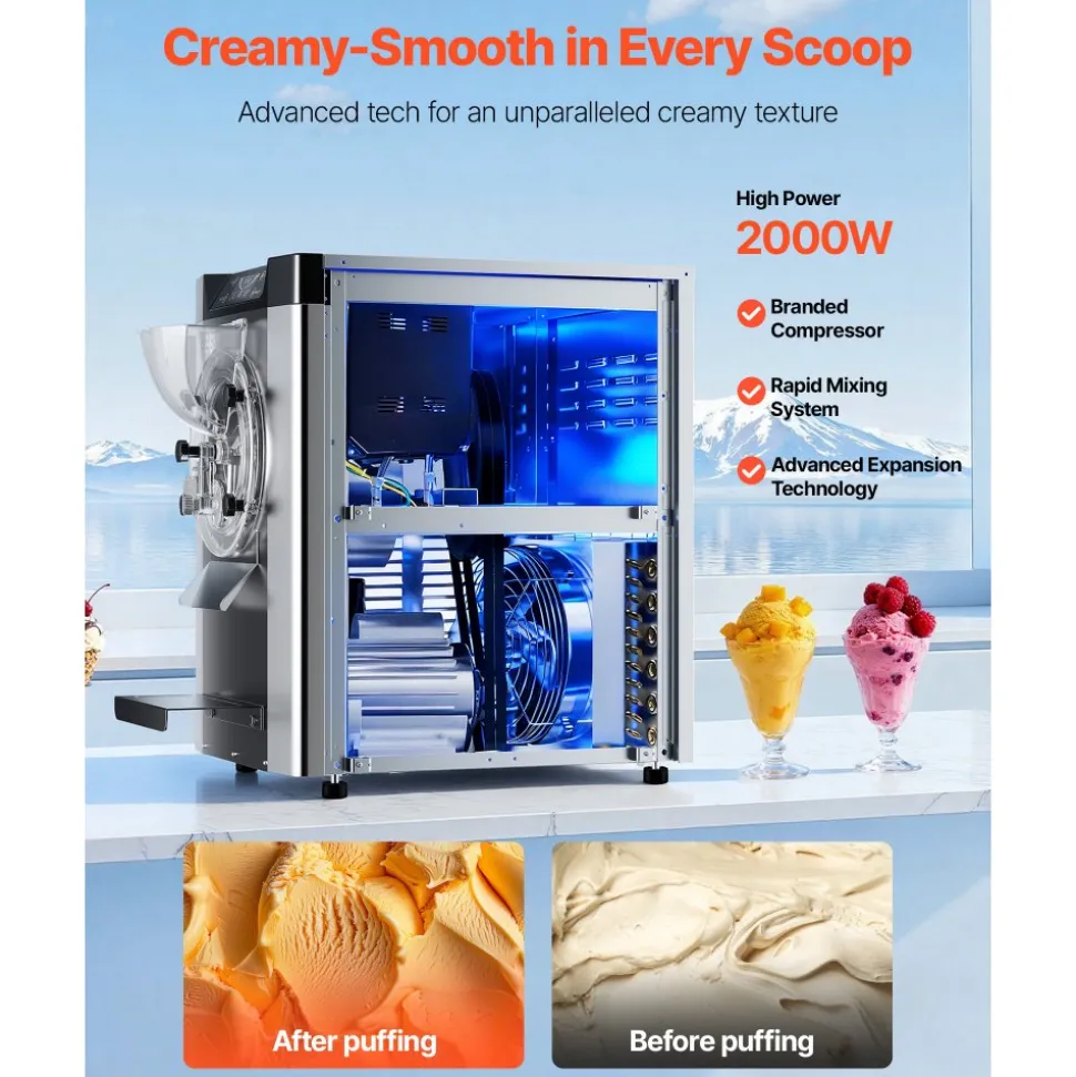 VEVOR Commercial Hard Ice Cream Machine, 2000W 3.17-5.28 Gal/Hour, Countertop Gelato Hard Serve Ice Cream Maker with 6L 304 Stainless Steel Cylinder, Auto Clean LED Panel for Snack Bar Restaurants