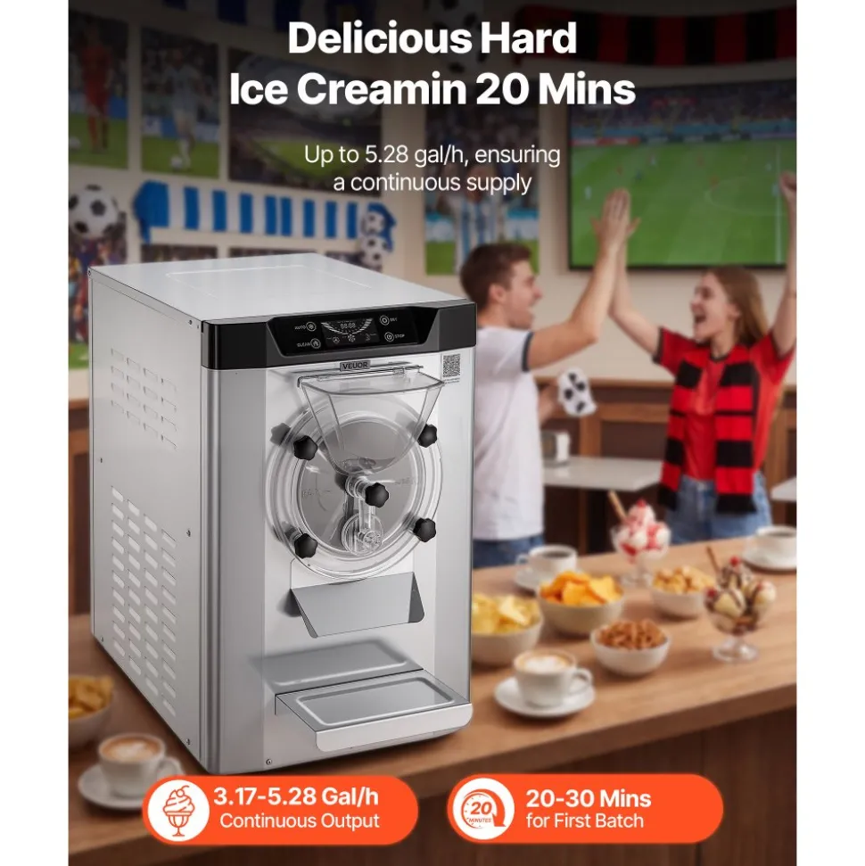 VEVOR Commercial Hard Ice Cream Machine, 2000W 3.17-5.28 Gal/Hour, Countertop Gelato Hard Serve Ice Cream Maker with 6L 304 Stainless Steel Cylinder, Auto Clean LED Panel for Snack Bar Restaurants