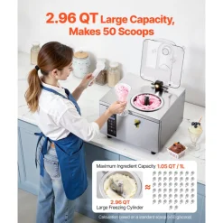 VEVOR Commercial Hard Ice Cream Machine, 500W 1.32 Gal/Hour, Gelato Hard Serve Ice Cream Maker with 2.8L 304 Stainless Steel Cylinder, Auto Clean LED Panel High Productivity for Snack Bar Restaurants