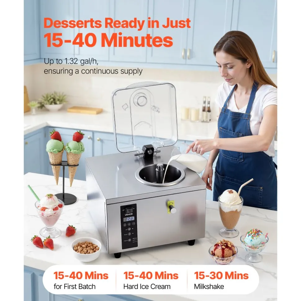 VEVOR Commercial Hard Ice Cream Machine, 500W 1.32 Gal/Hour, Gelato Hard Serve Ice Cream Maker with 2.8L 304 Stainless Steel Cylinder, Auto Clean LED Panel High Productivity for Snack Bar Restaurants
