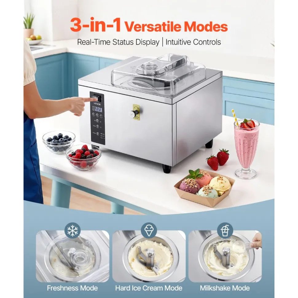 VEVOR Commercial Hard Ice Cream Machine, 500W 1.32 Gal/Hour, Gelato Hard Serve Ice Cream Maker with 2.8L 304 Stainless Steel Cylinder, Auto Clean LED Panel High Productivity for Snack Bar Restaurants