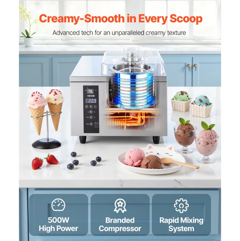 VEVOR Commercial Hard Ice Cream Machine, 500W 1.32 Gal/Hour, Gelato Hard Serve Ice Cream Maker with 2.8L 304 Stainless Steel Cylinder, Auto Clean LED Panel High Productivity for Snack Bar Restaurants