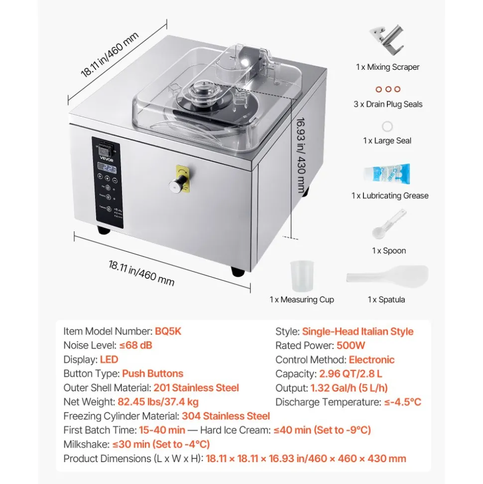 VEVOR Commercial Hard Ice Cream Machine, 500W 1.32 Gal/Hour, Gelato Hard Serve Ice Cream Maker with 2.8L 304 Stainless Steel Cylinder, Auto Clean LED Panel High Productivity for Snack Bar Restaurants