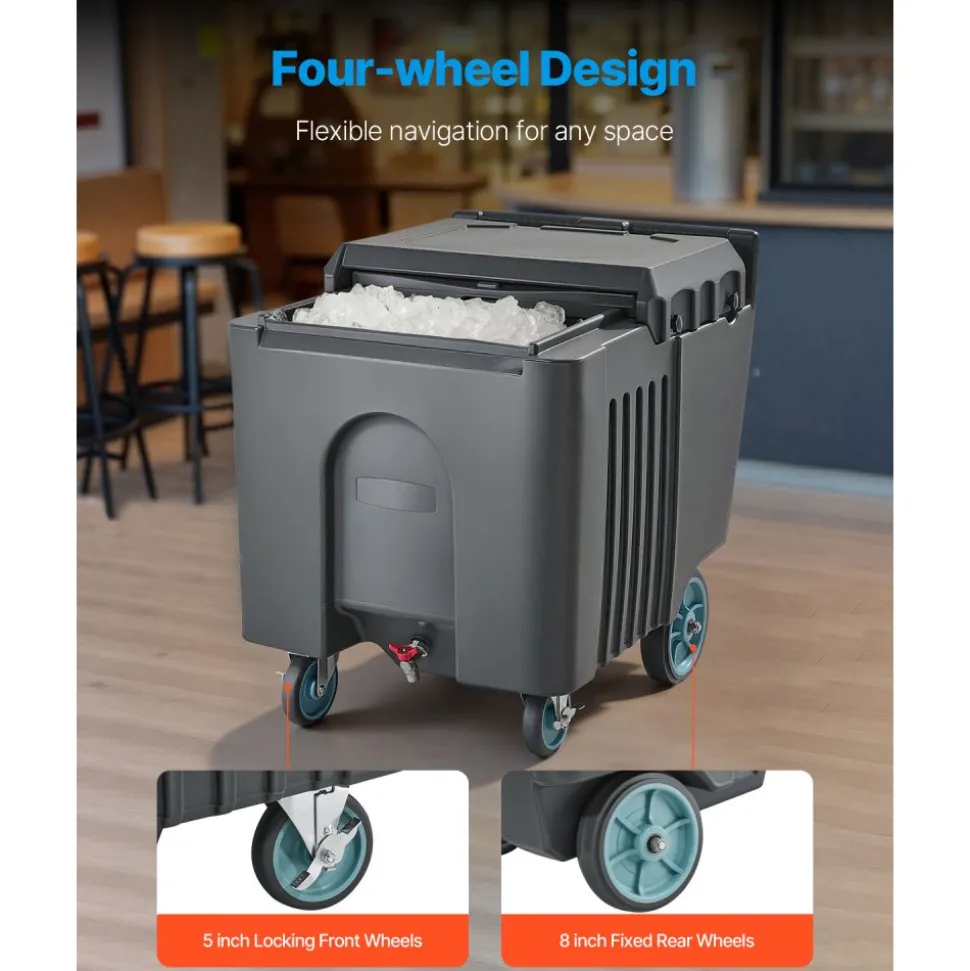 VEVOR Commercial Ice Bin, 125 lbs Portable Ice Caddy, 31.5 x 22.8 x 29 inch Insulated Ice Carrier with 4 Wheels and Flip Lid, Large Ice Bin for Catering, Kitchens, Bistros, Restaurants, and Bars