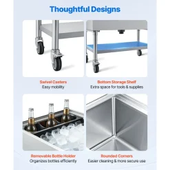 VEVOR Commercial Ice Bin, 100.7 Qt Max Capacity, 36 x 19 x 35 Inch Stainless Steel Ice Chest with Sliding Lid and Bottle Holders, Cooler Cart Cocktail Unit for Bar Restaurant Pub, NSF Certified