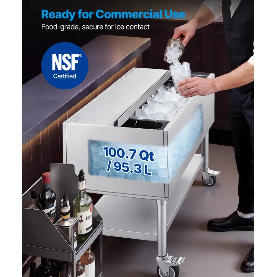 VEVOR Commercial Ice Bin, 100.7 Qt Max Capacity, 36 x 19 x 35 Inch Stainless Steel Ice Chest with Sliding Lid and Bottle Holders, Cooler Cart Cocktail Unit for Bar Restaurant Pub, NSF Certified
