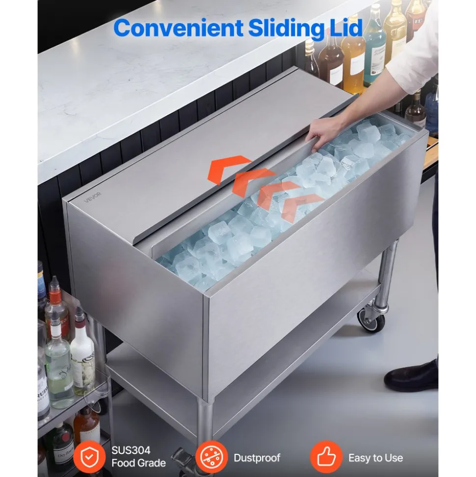 VEVOR Commercial Ice Bin, 100.7 Qt Max Capacity, 36 x 19 x 35 Inch Stainless Steel Ice Chest with Sliding Lid and Bottle Holders, Cooler Cart Cocktail Unit for Bar Restaurant Pub, NSF Certified