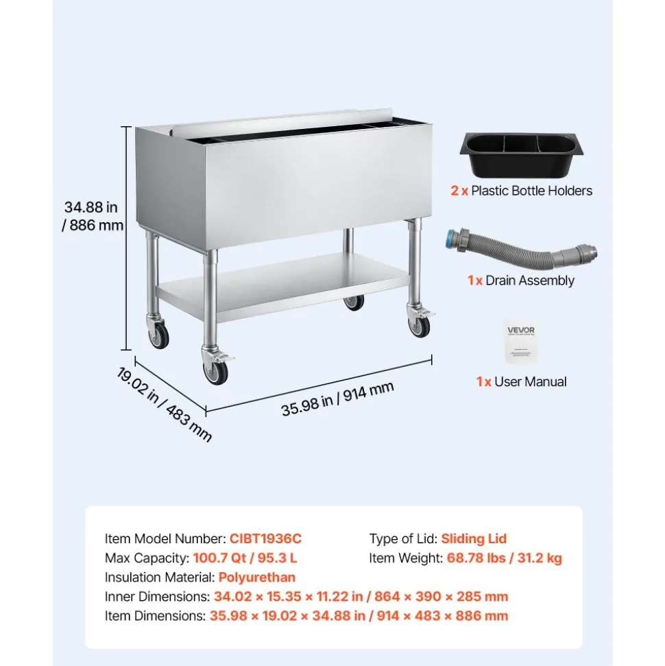 VEVOR Commercial Ice Bin, 100.7 Qt Max Capacity, 36 x 19 x 35 Inch Stainless Steel Ice Chest with Sliding Lid and Bottle Holders, Cooler Cart Cocktail Unit for Bar Restaurant Pub, NSF Certified