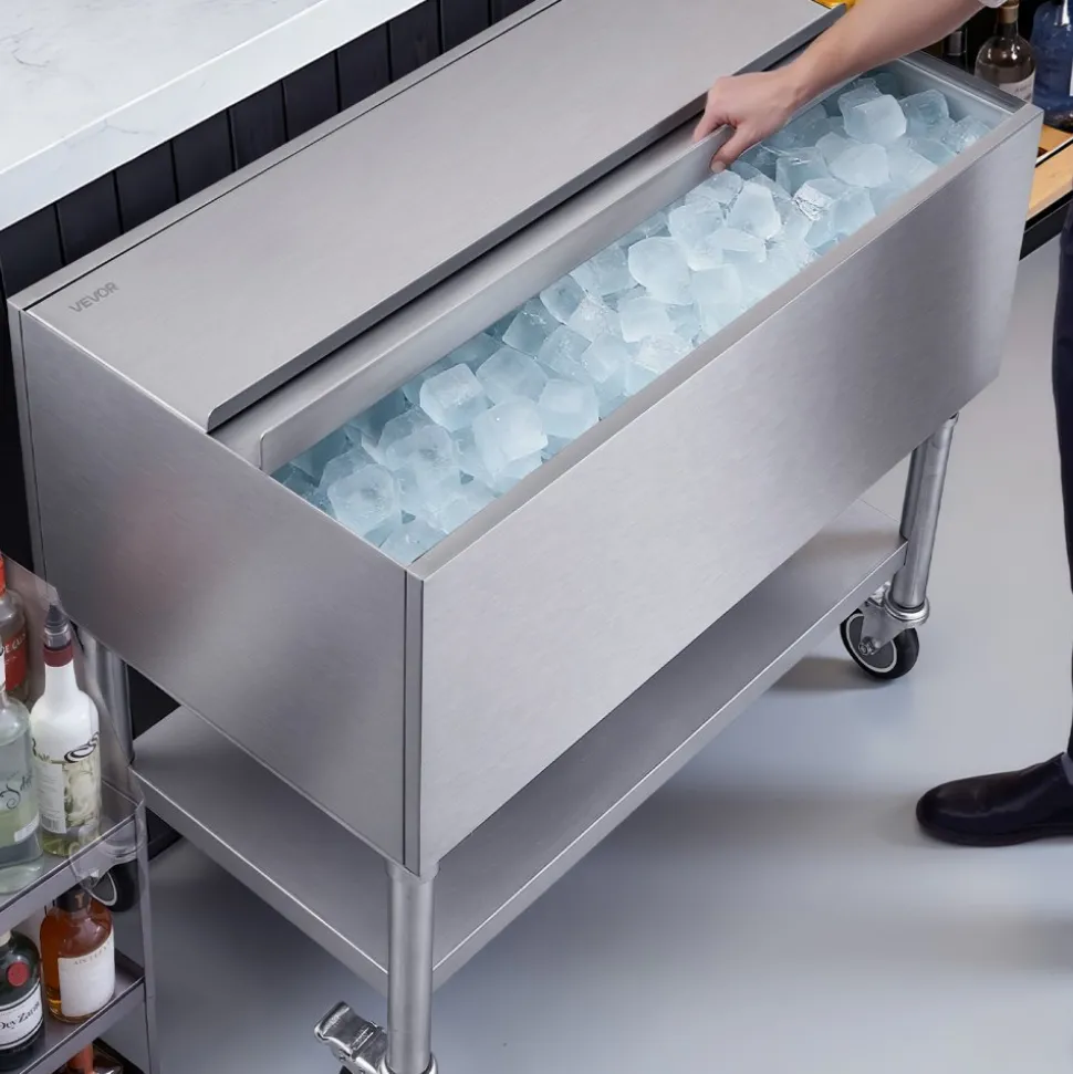 VEVOR Commercial Ice Bin, 100.7 Qt Max Capacity, 36 x 19 x 35 Inch Stainless Steel Ice Chest with Sliding Lid and Bottle Holders, Cooler Cart Cocktail Unit for Bar Restaurant Pub, NSF Certified