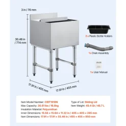 VEVOR Commercial Ice Bin, 49.4 Qt Max Capacity, 18 x 18 x 33 Inch Stainless Steel Ice Chest with Sliding Lid and Bottle Holders, Cooler Cart Cocktail Unit for Bar Restaurant Pub, NSF Certified