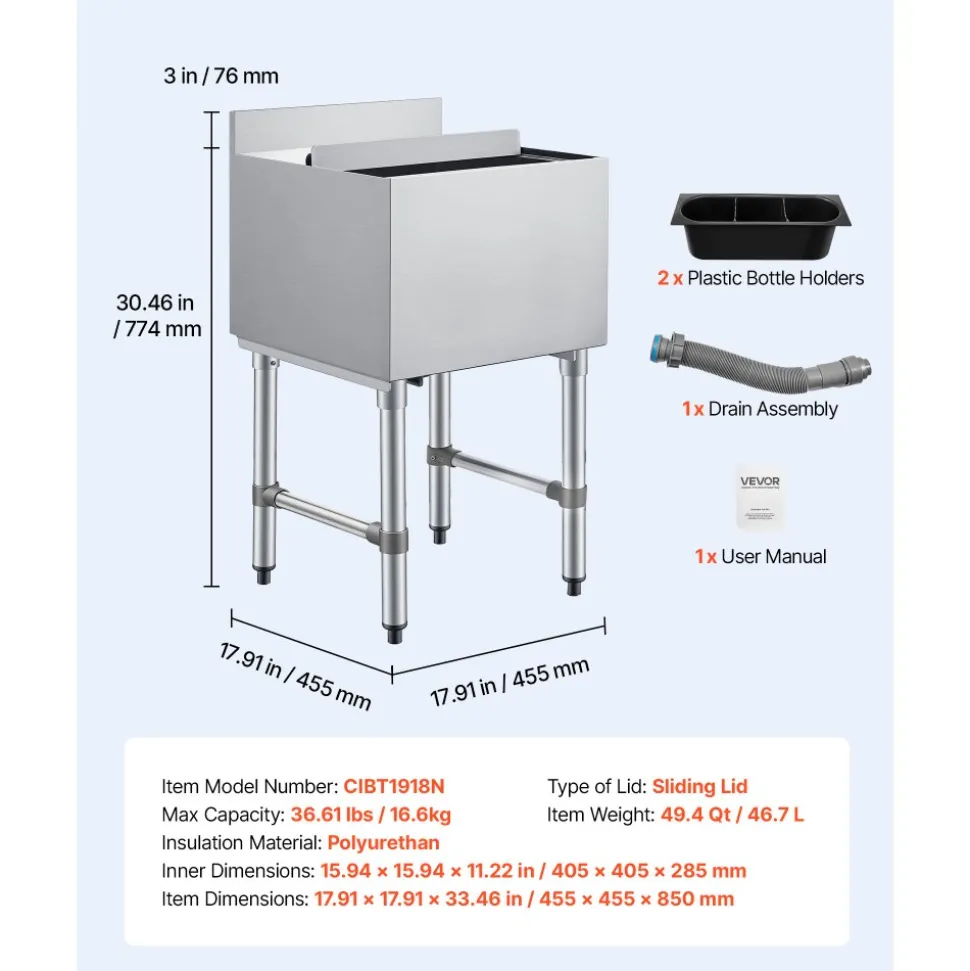 VEVOR Commercial Ice Bin, 49.4 Qt Max Capacity, 18 x 18 x 33 Inch Stainless Steel Ice Chest with Sliding Lid and Bottle Holders, Cooler Cart Cocktail Unit for Bar Restaurant Pub, NSF Certified