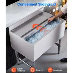 VEVOR Commercial Ice Bin, 65.1 Qt Max Capacity, 24 x 19 x 35 Inch Stainless Steel Ice Chest with Sliding Lid and Bottle Holders, Cooler Cart Cocktail Unit for Bar Restaurant Pub, NSF Certified