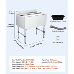 VEVOR Commercial Ice Bin, 82.9 Qt Max Capacity, 30 x 19 x 33 Inch Stainless Steel Ice Chest with Sliding Lid and Bottle Holders, Cooler Cart Cocktail Unit for Bar Restaurant Pub, NSF Certified