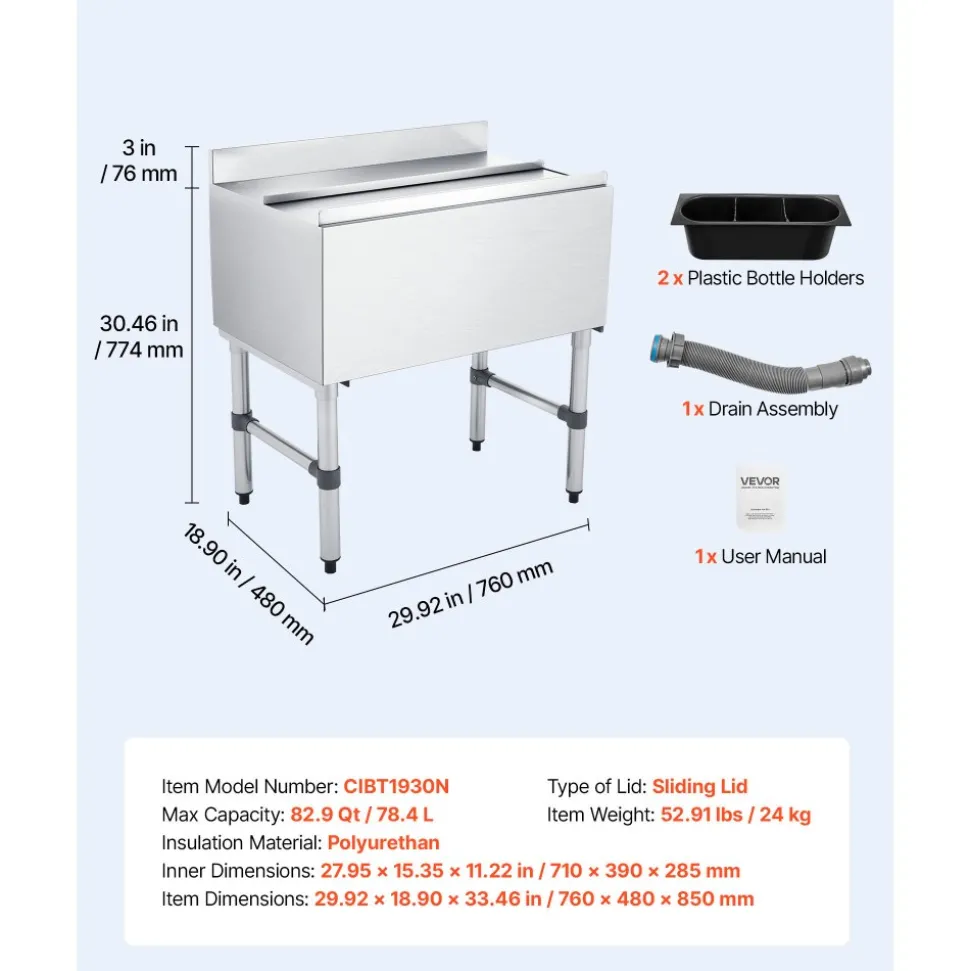 VEVOR Commercial Ice Bin, 82.9 Qt Max Capacity, 30 x 19 x 33 Inch Stainless Steel Ice Chest with Sliding Lid and Bottle Holders, Cooler Cart Cocktail Unit for Bar Restaurant Pub, NSF Certified